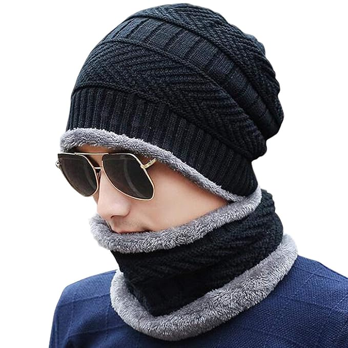 Woolen Winter Cap Beanie Hat with Neck Warmer Set (Multicolor, Set of 1)