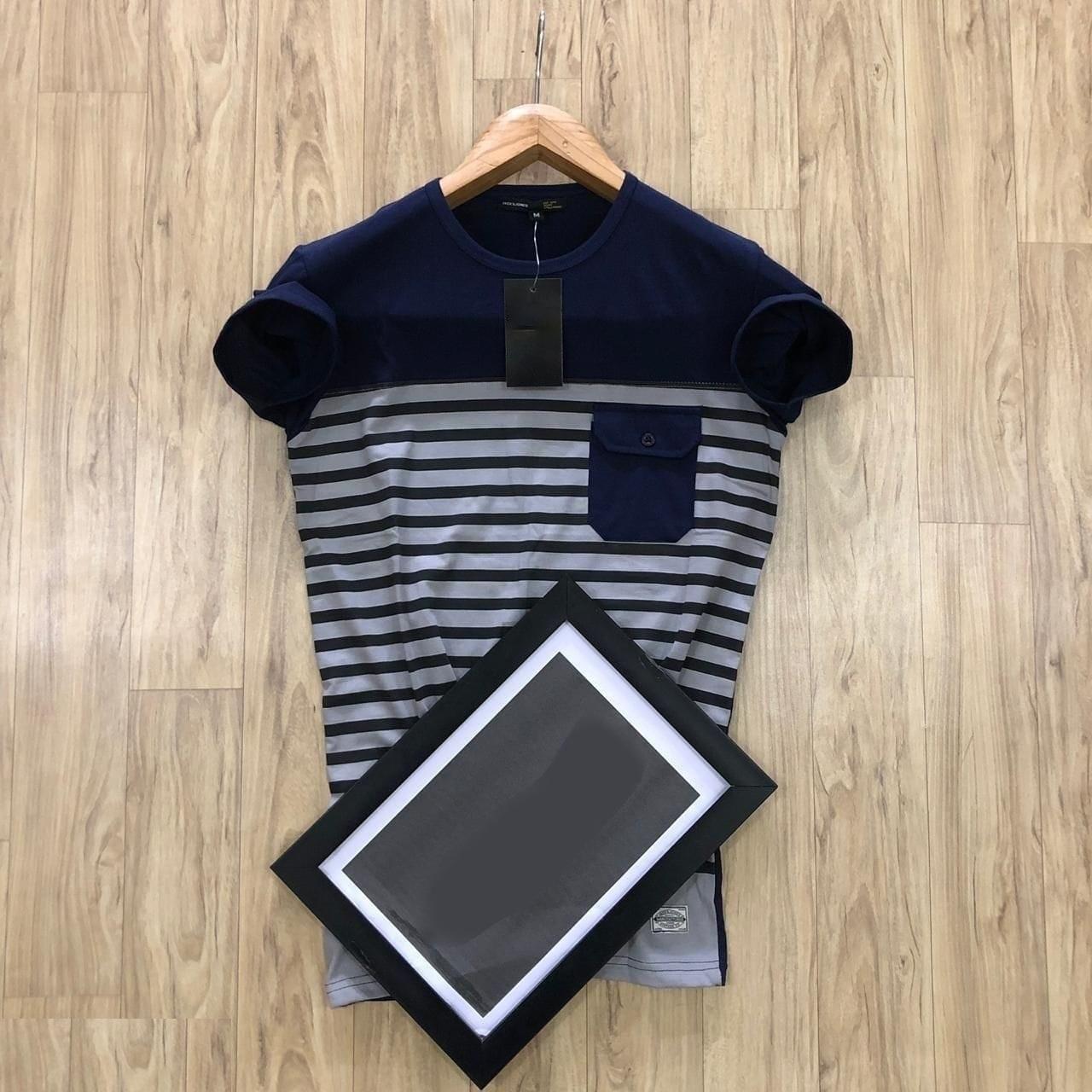 Cotton Stripes Half Sleeves Mens Round Neck T-Shirt