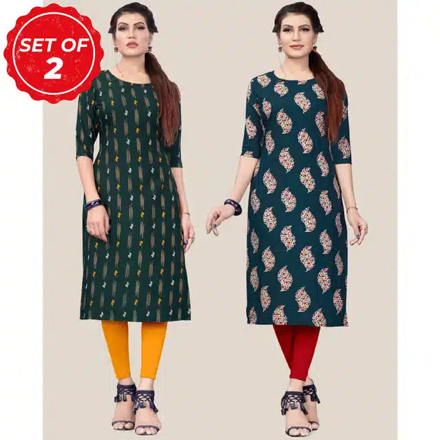 Digital Printed Straight Kurti for Women (Pack of 2) (Multicolor, S)