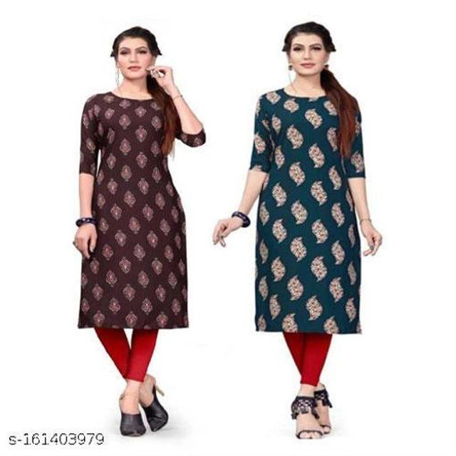 Crepe Printed Kurti for Women (Brown & Green, S) (Pack of 2)