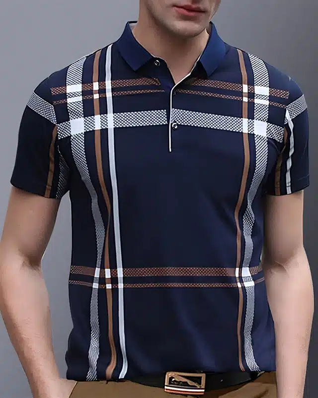 Polo Neck Printed T-Shirt for Men (Blue)